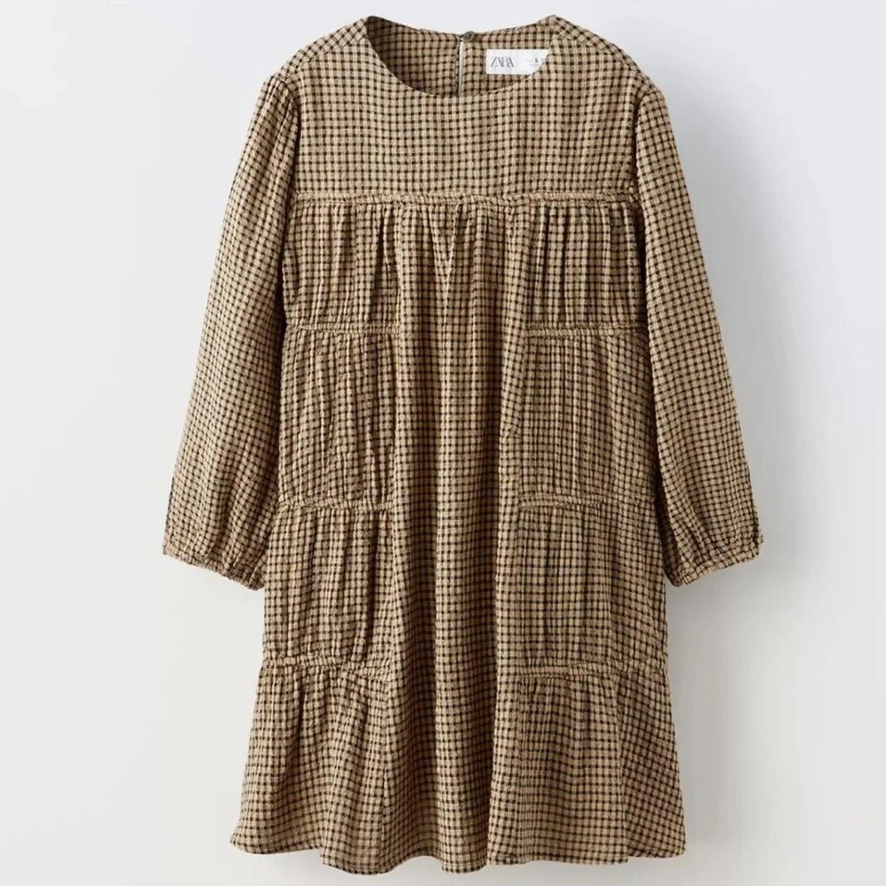 Zara Girls Classic Brown Checkered Kids Dress